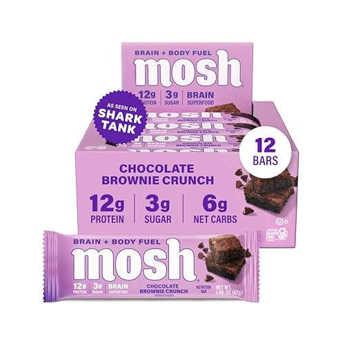 MOSH Chocolate Brownie Keto Protein Bars, High Fiber, Low Carb, Gluten Free, High Protein, Brain Healthy Snack, 12 Count