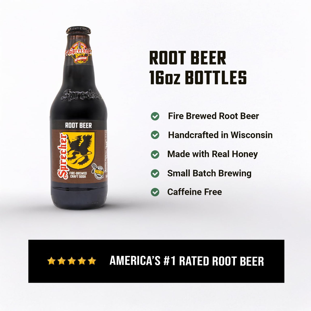 Sprecher Root Beer in 16 fl oz Glass Bottles (12 Pack), Fire-Brewed Craft Soda with Real Honey, Gourmet Handcrafted Soft Drink