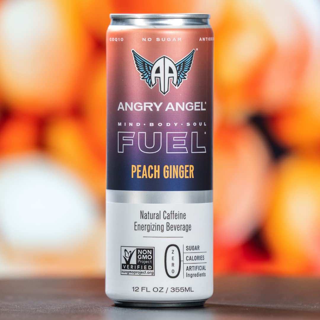 Angry Angel Blackberry Lemon & Peach Ginger Natural Energy Drink - (24 count) Mixed Pack - Zero Sugar - CoQ10 - Important B Vitamins - 12 oz Cans