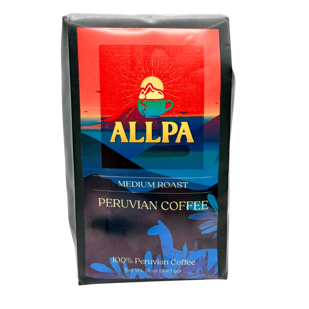 Allpa Peruvian Coffee 12 oz, Whole Bean Coffee, Medium Roast, Single Origin Coffee, Cafe Peruano, All Natural Beans, Product of Peru