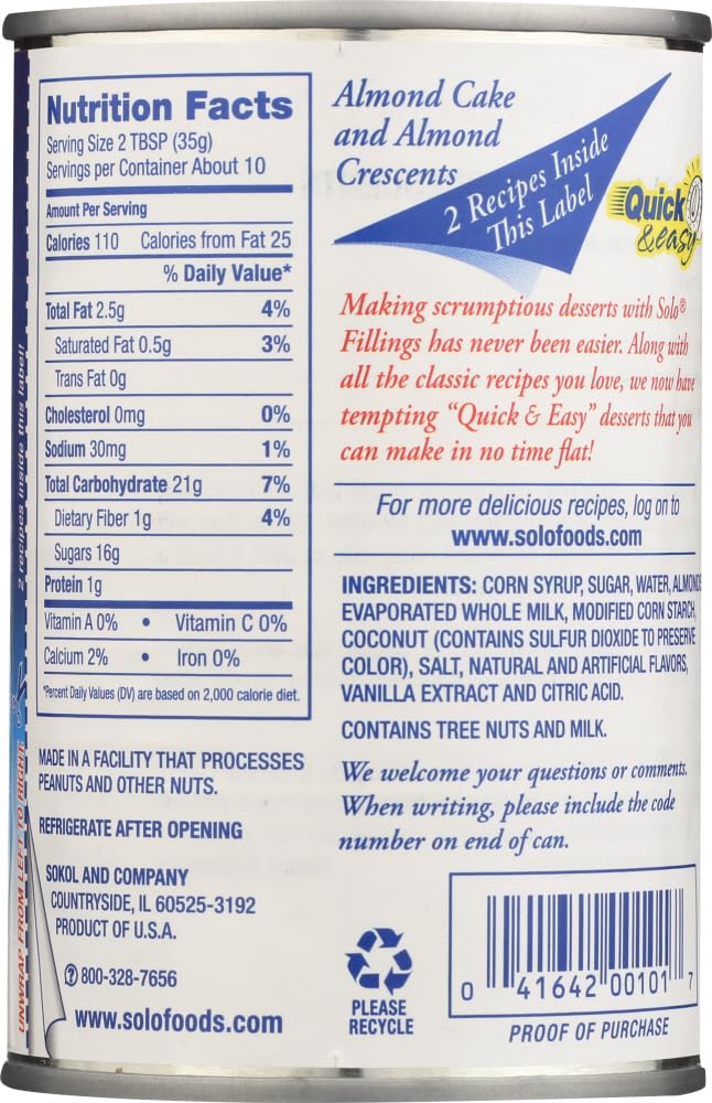 Solo Pie & Pastry Filling, Almond, 12.5 oz