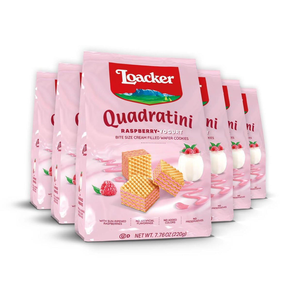 Loacker Quadratini Raspberry Yogurt Wafer Cookies LARGE - 30% Less Sugar - Premium Crispy Bite Size Wafers - LARGE Pack of 6