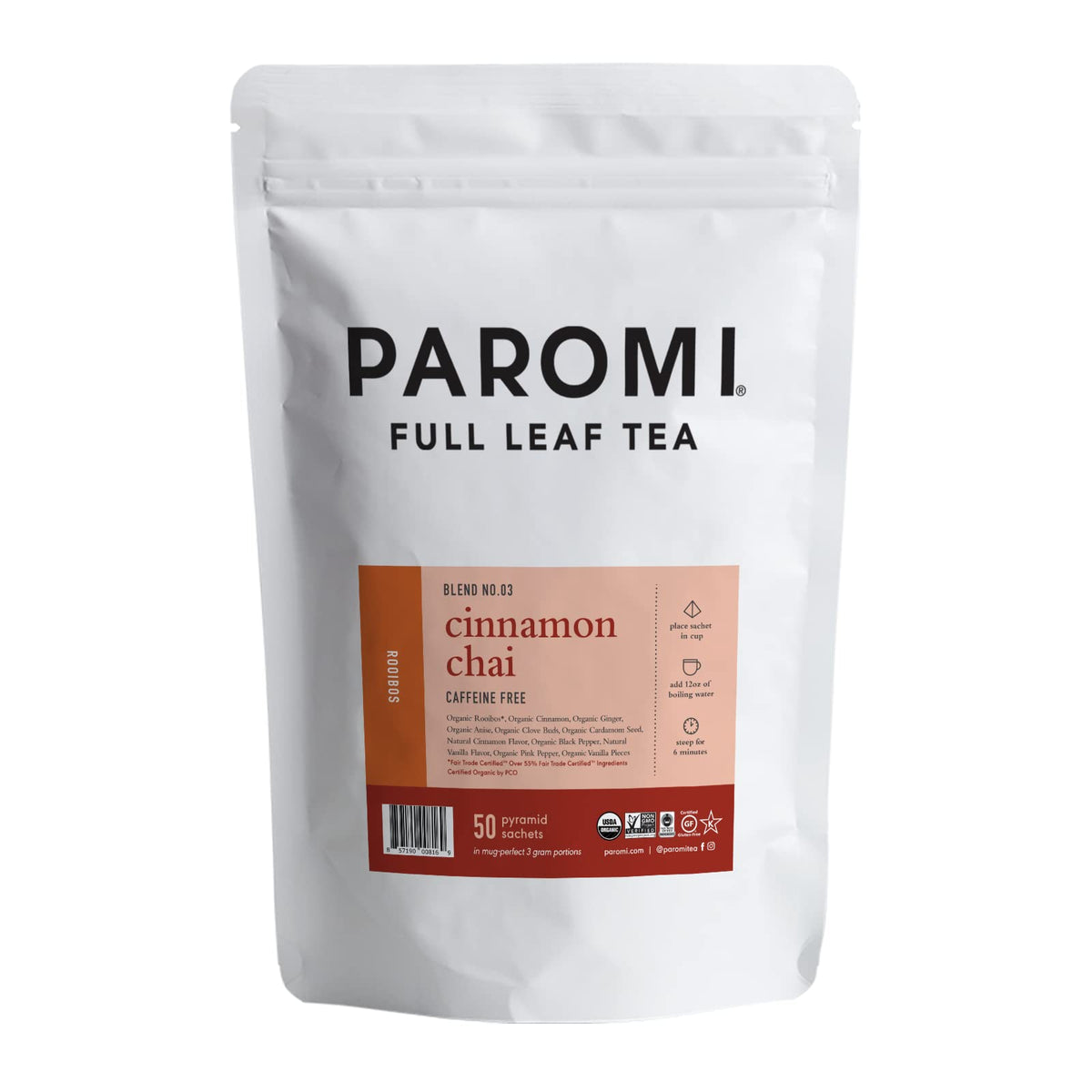 Paromi Cinnamon Chai Rooibos, Resealable Pouch, 50 Count