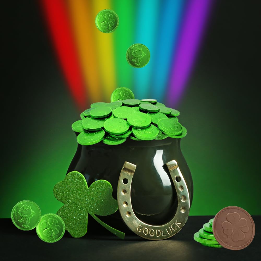 Fruidles Saint Patrick's Day 50 Clover Shamrock Leprechaun Chocolate Green Coins, Premium Belgian Nut-Free Milk Chocolate, Kosher, (50 Pack)