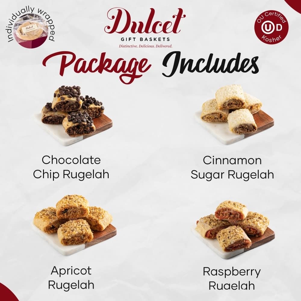 Dulcet Gift Baskets, Fresh Baked Holiday Bakery Rugelach fillings of chocolate chip, raspberry, Cinnamon and Apricot Gift Tin Assortment, Top Holiday