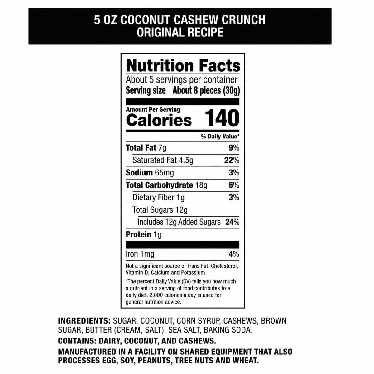 5 OZ Original Coconut Cashew Crunch, Pack of 6 Pouches