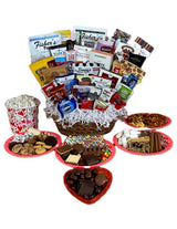 Valentines Day Be Mine Chocolate Gift Basket. Hand-Crafted and Customizable with a huge double bow with chocolates, cookies, candy, snacks, for women