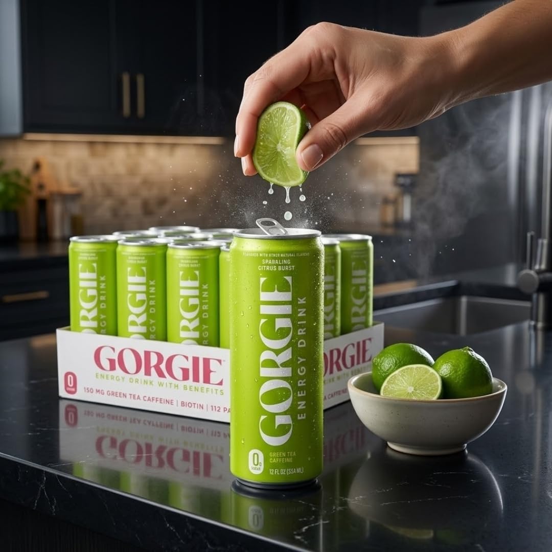 Gorgie Bev Energy Sparkling Citrus Burst - 12 fl oz Cans - for Focus and Refreshment - Alternative to Alani and Celsius - V8 Style Beverage - 12 Pack
