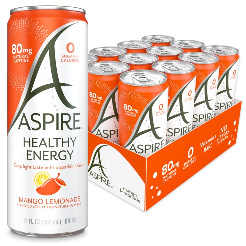 ASPIRE® Mango Lemonade, Healthy Energy Drink 80mg Natural Caffeine, Zero Sugar No Carbs Keto Friendly, 12 Pack Green Tea Sugar Free Drink Low Caffeine