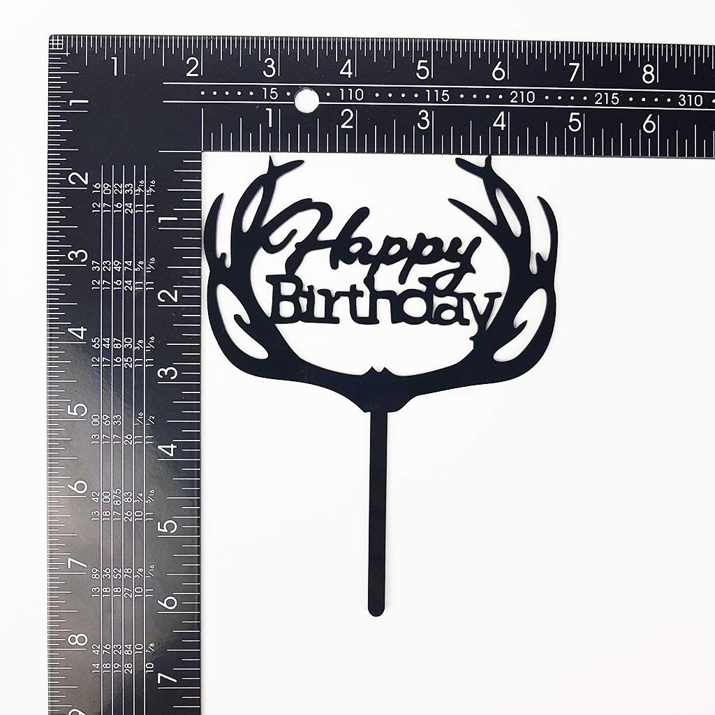 Antlers Happy Birthday Cake Topper Party Decorations (Black Acrylic)