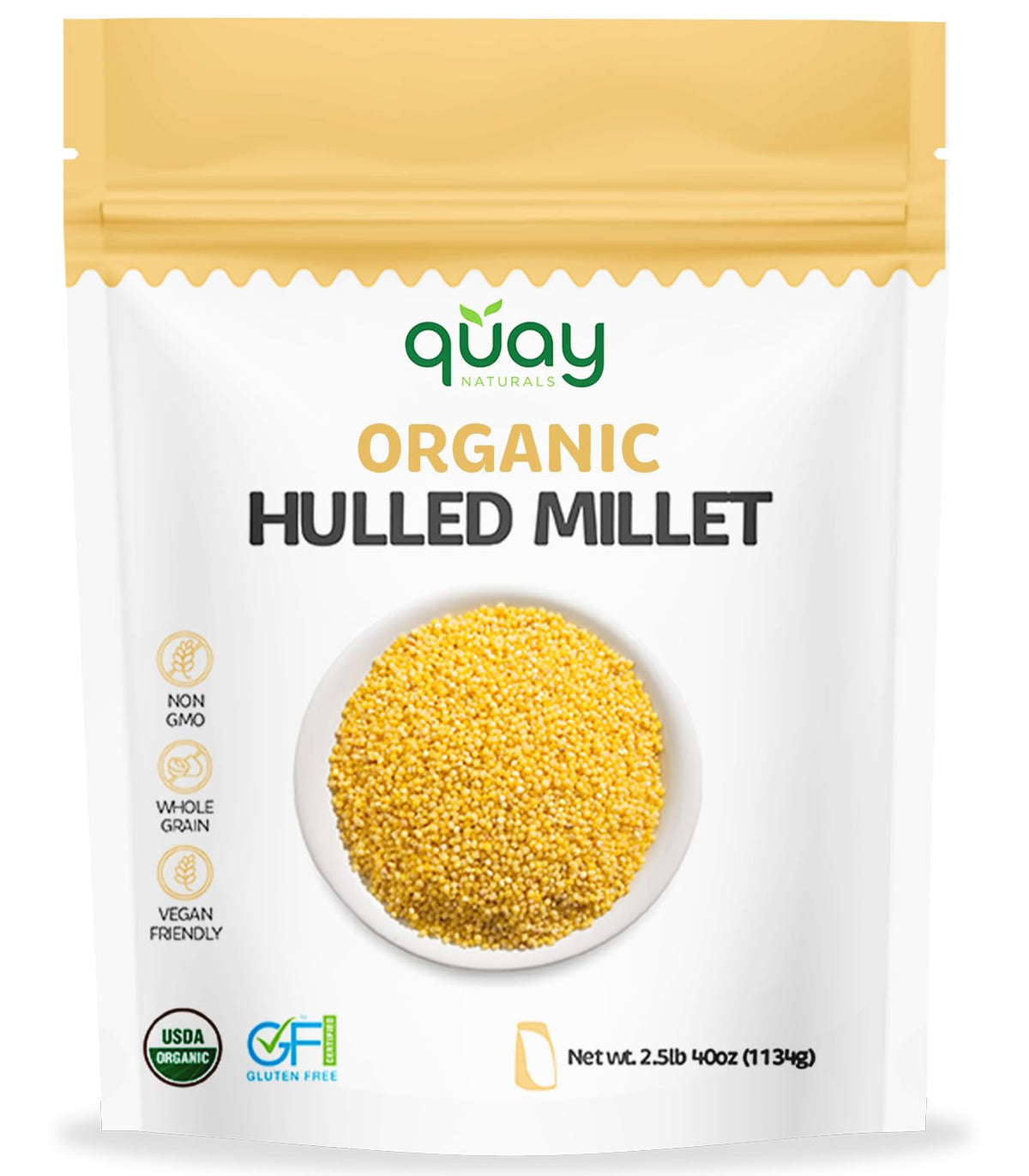 Quay Naturals Organic Hulled Millet, 2.5 lbs, USA Grown, Non-GMO, Gluten-Free, Whole Grain, Easy to Digest, Vegan-Friendly