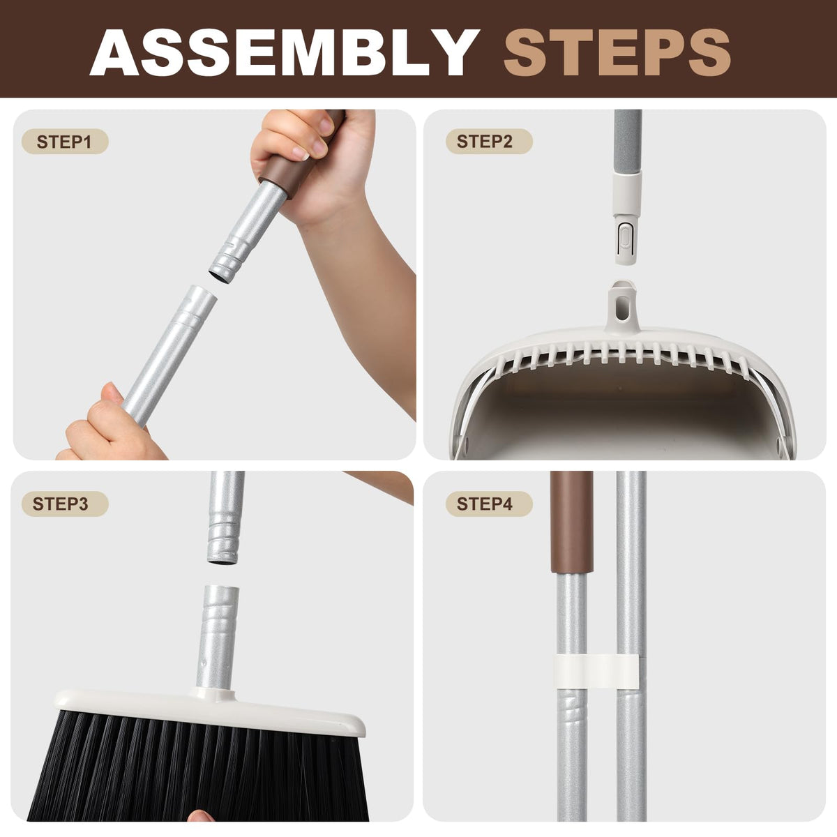 Jekayla 54" Long Handled Broom and Dustpan Set - Perfect Dust Pan and Brush Combo for Efficient Cleaning, Brown and White