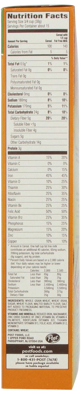 Post Bran Flakes Whole Grain Wheat Cereal 16 oz (Pack of 12)
