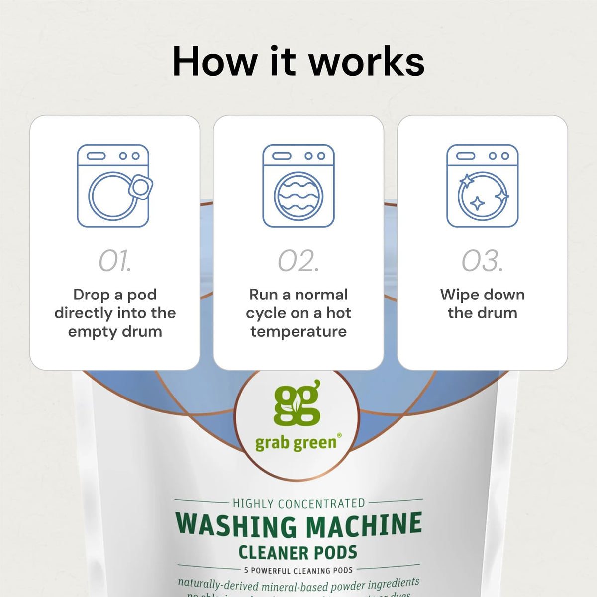 Grab Green Washing Machine Cleaner Pods - Fragrance Free, 5 Cleaning Pods