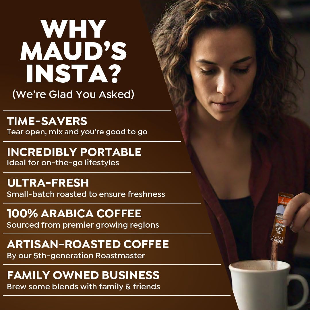 Maud's Dark Roast Decaf Instant Coffee, 24 ct, 100% Arabica Coffee, Instant Hot or Iced Coffee - Just add water