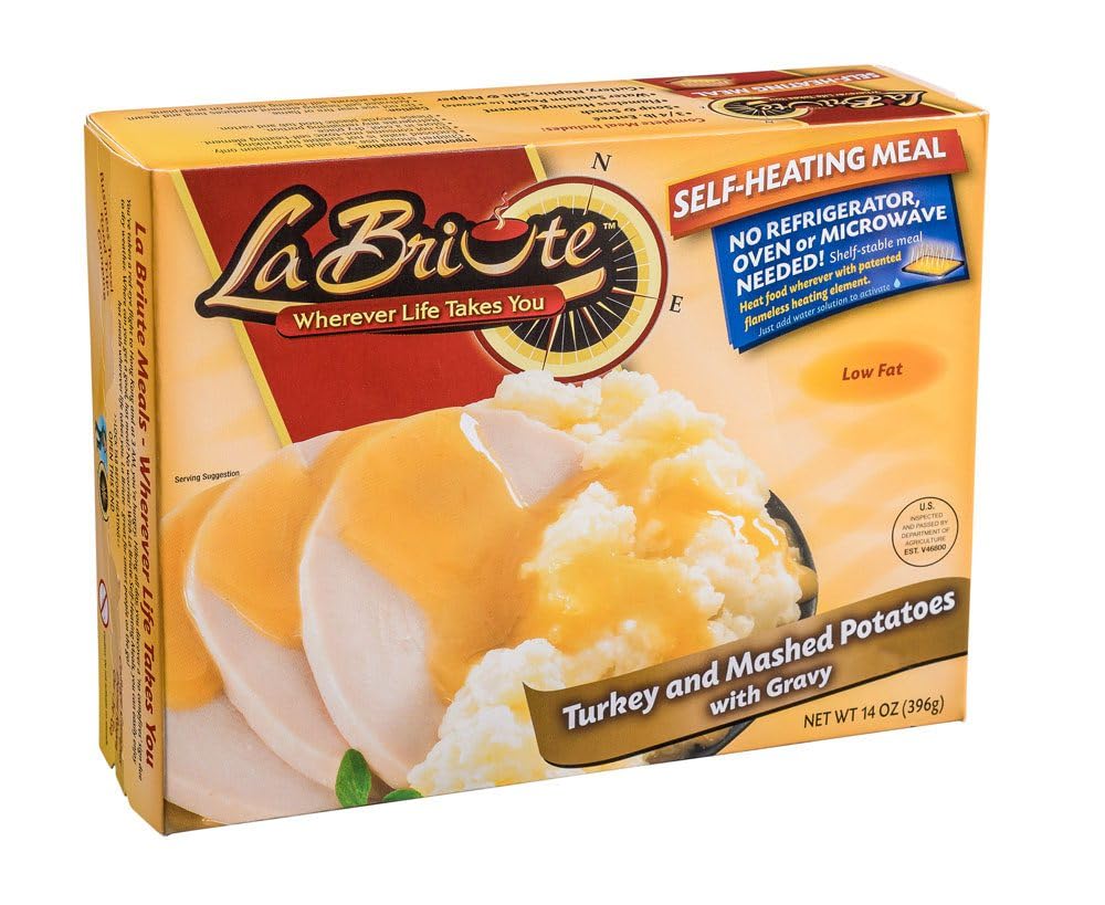 LaBriute Meals Turkey with Mashed Potatoes - Self Heating Ready to Eat Entrée w/Snack |22g Protein, Low-Calorie Pre-Packaged Lunch or Dinner | Shelf