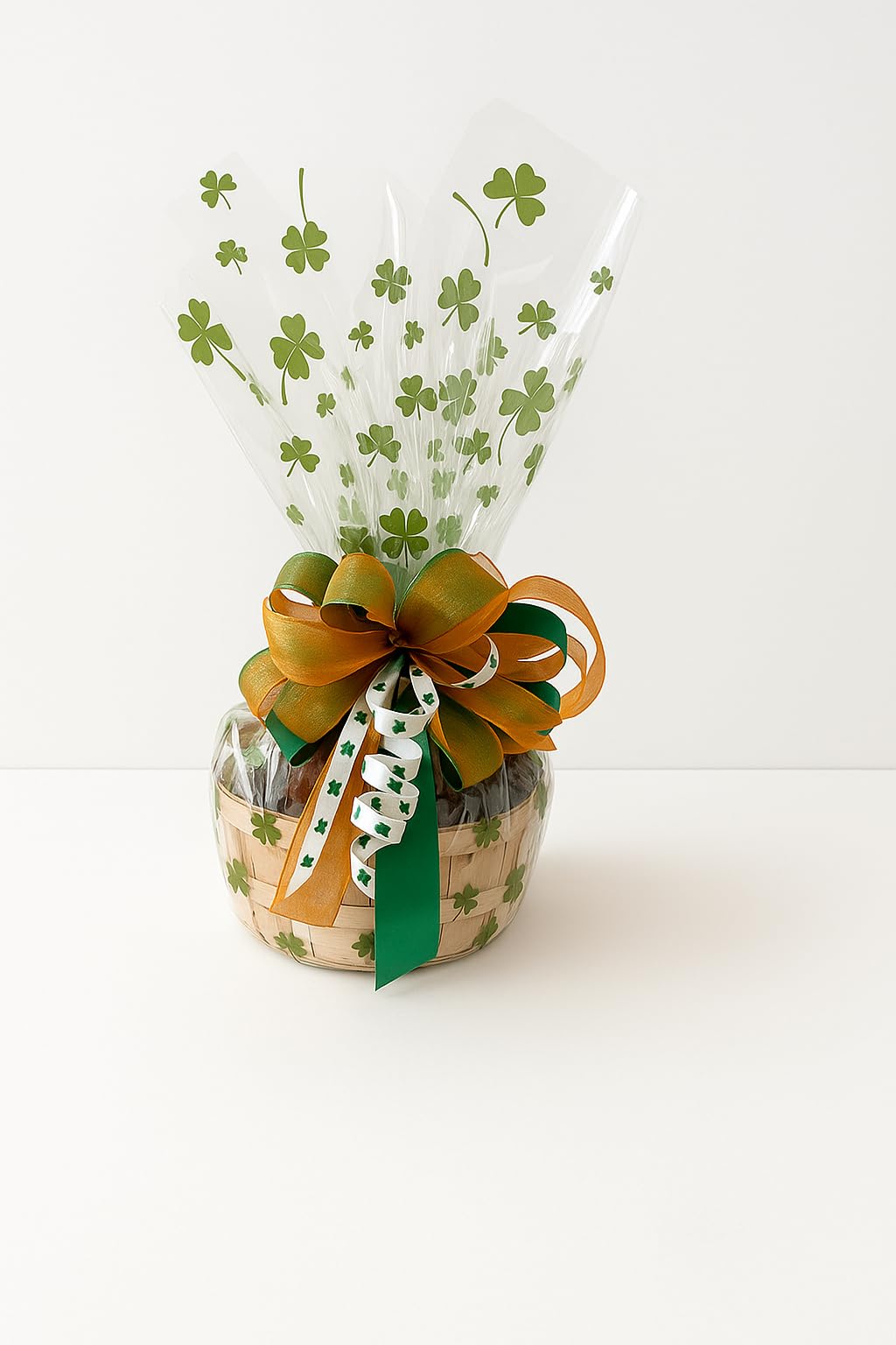 St. Patrick’s Day Gift Basket with Chocolate, Candy & Snacks - 8 Inch Shamrock Wrapped Gift Basket - Irish Holiday Treats for Family, Friends