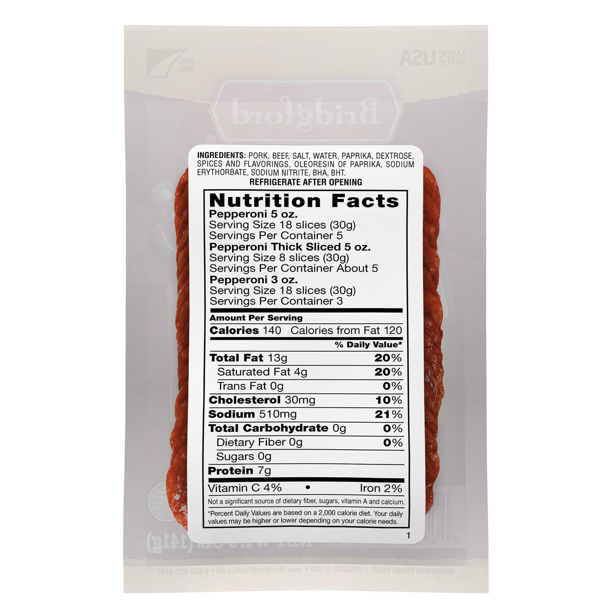 Bridgford Thick Sliced Pepperoni 5 oz Pack of 4 - Thick Pepperoni Slices for Pizza and Sandwiches - Zero-Carb Thick Sliced Pepperoni for Keto Diets