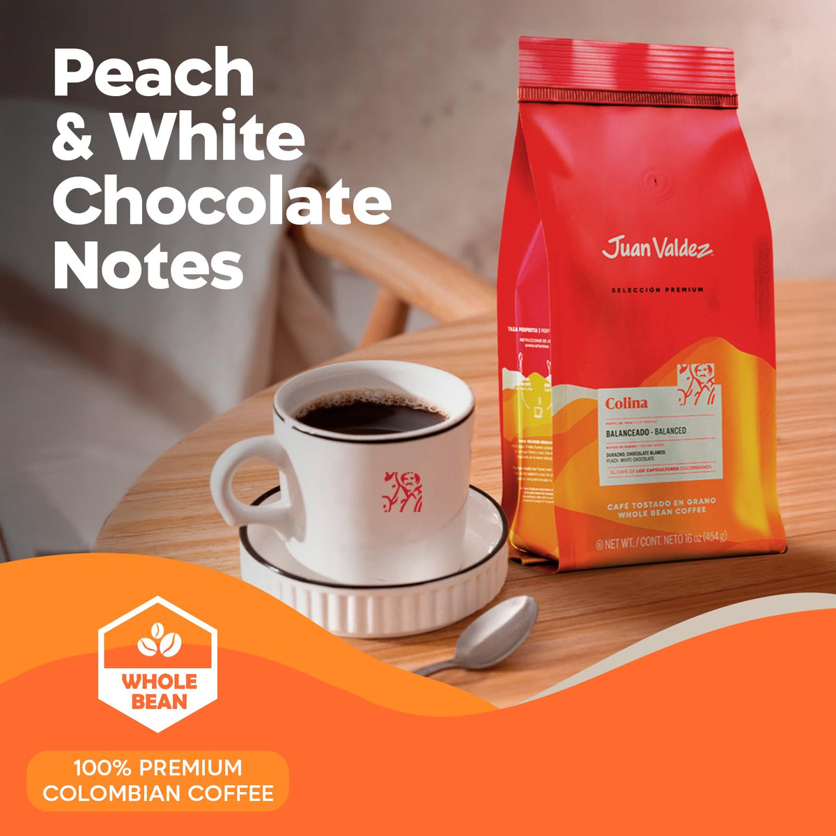 Juan Valdez Colina Whole Bean Coffee, Balanced Roast 16 OZ - Premium Colombian Coffee - Unique “Caracolito” beans produce a coffee of balanced flavor