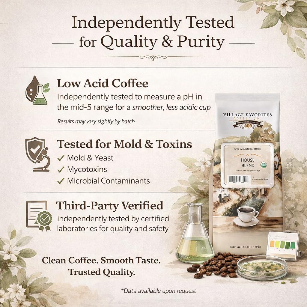 Village Favorites Low Acid Coffee - Mold-Free House Blend, 100% Arabica, Slow Roasted Medium Roast, Smooth & Stomach Friendly, Ground, 3rd-Party