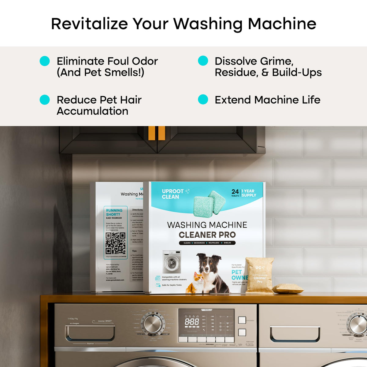 Uproot Clean Washing Machine Cleaner Tablets - 24 Pack for a 12 Month Supply. Formulated for Pet Owners. Compatible with HE, Top & Front Load. Easily