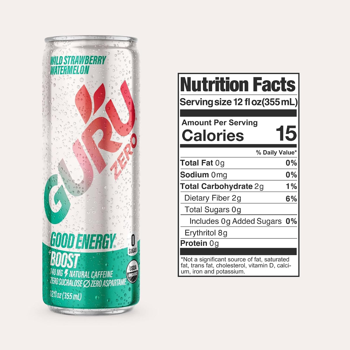 GURU Zero Sugar Energy Drink, Strawberry Watermelon, 12 Fl Oz, 12 Pack