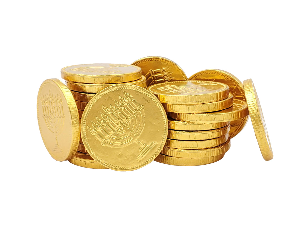 The Dreidel Company 2-Pounds Hanukkah Coins, With Menorah And Dreidel Designs Nut-Free, Made With Premium Belgian Ingredients, Kosher Certified OU-D