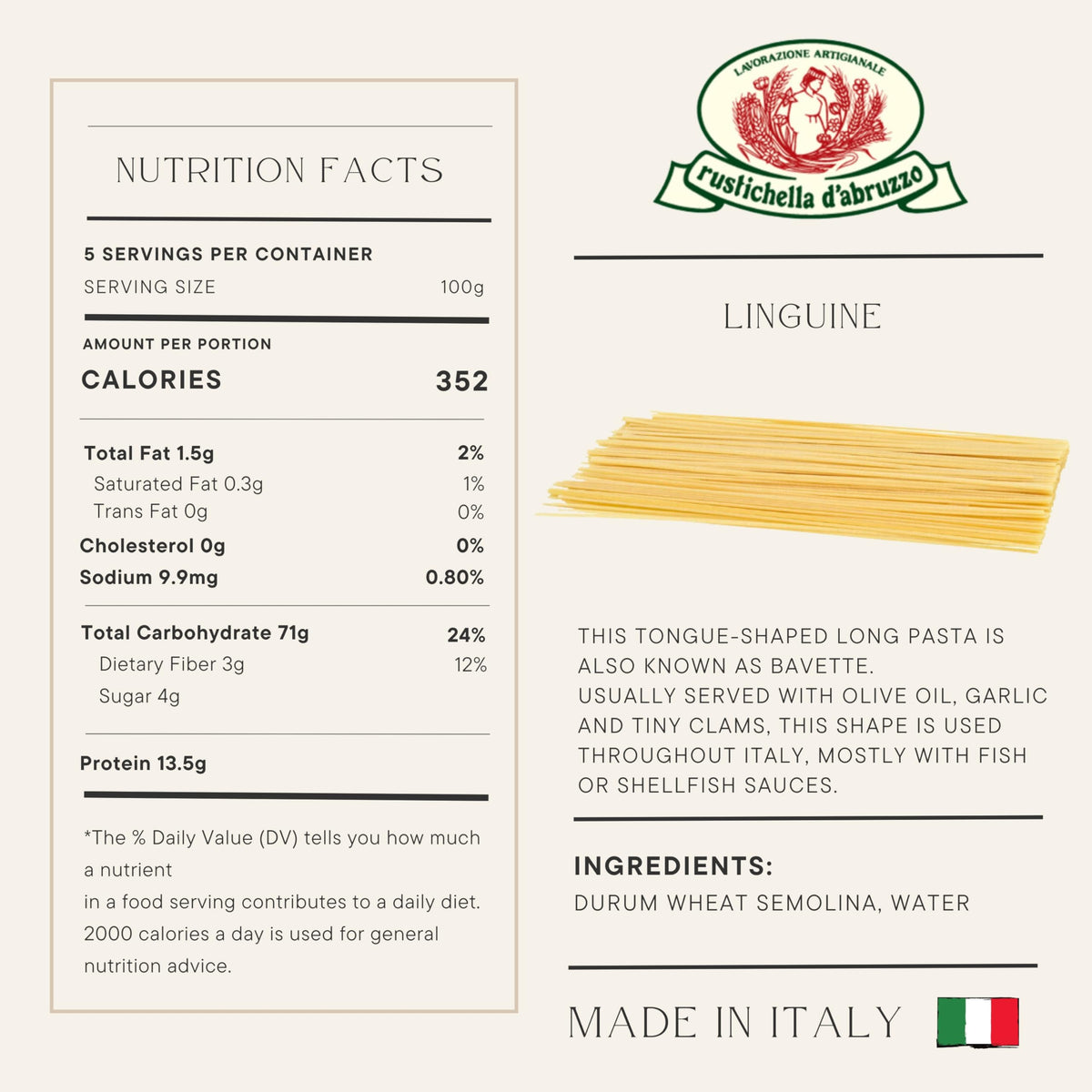 Rustichella d'Abruzzo Linguine 17.5oz - Classic Italian Long Pasta - Tongue-Shaped Bavette for Fish and Shellfish Sauces