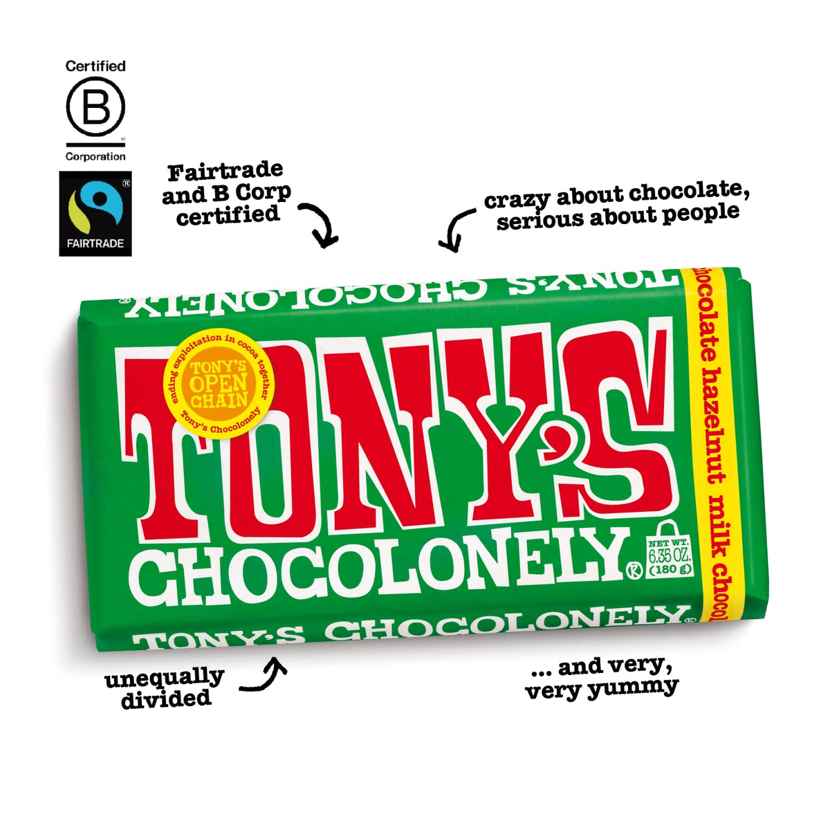 Tony's Chocolonely Milk Chocolate Hazelnut Bars - Whole Hazelnut Chocolate Bars, Milk Chocolate Bars, Made w/ Belgium Chocolate, No Artificial