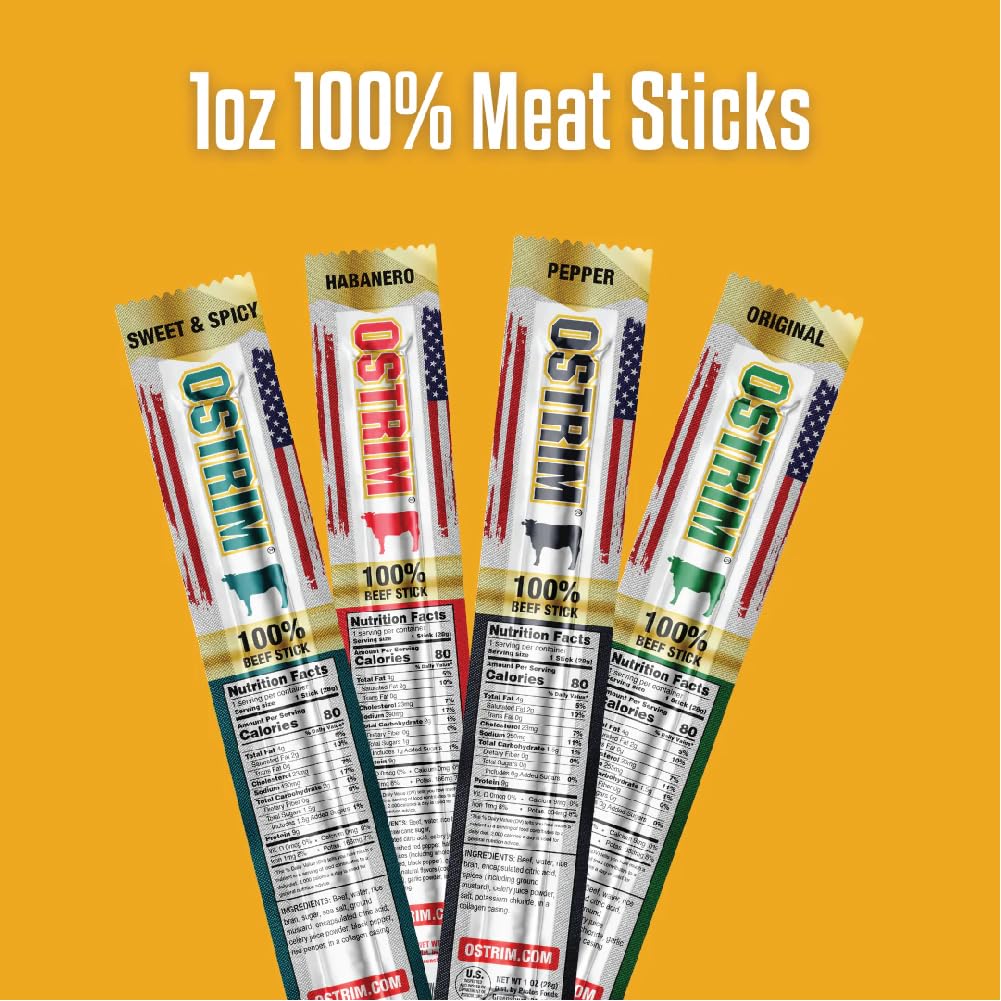 Ostrim Beef Snack Sticks, 1oz, High Protein, Keto & Paleo Friendly, Sugar Free, Gluten Free, No MSG, No Nitrates (Pack of 12) (1 oz, Original)