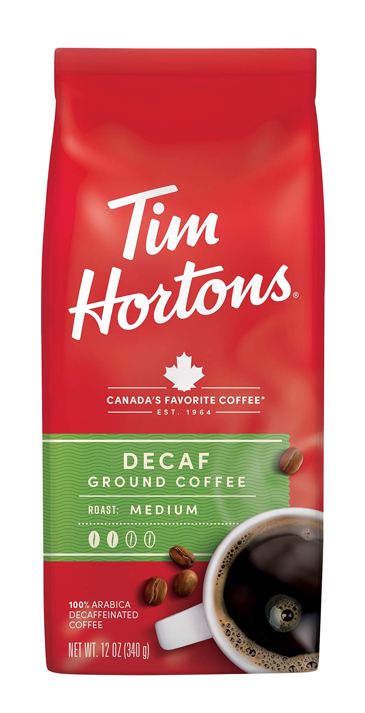 Tim Horton's 100% Arabica Medium Roast, Decaffeinated, Ground Coffee, 12 Ounce