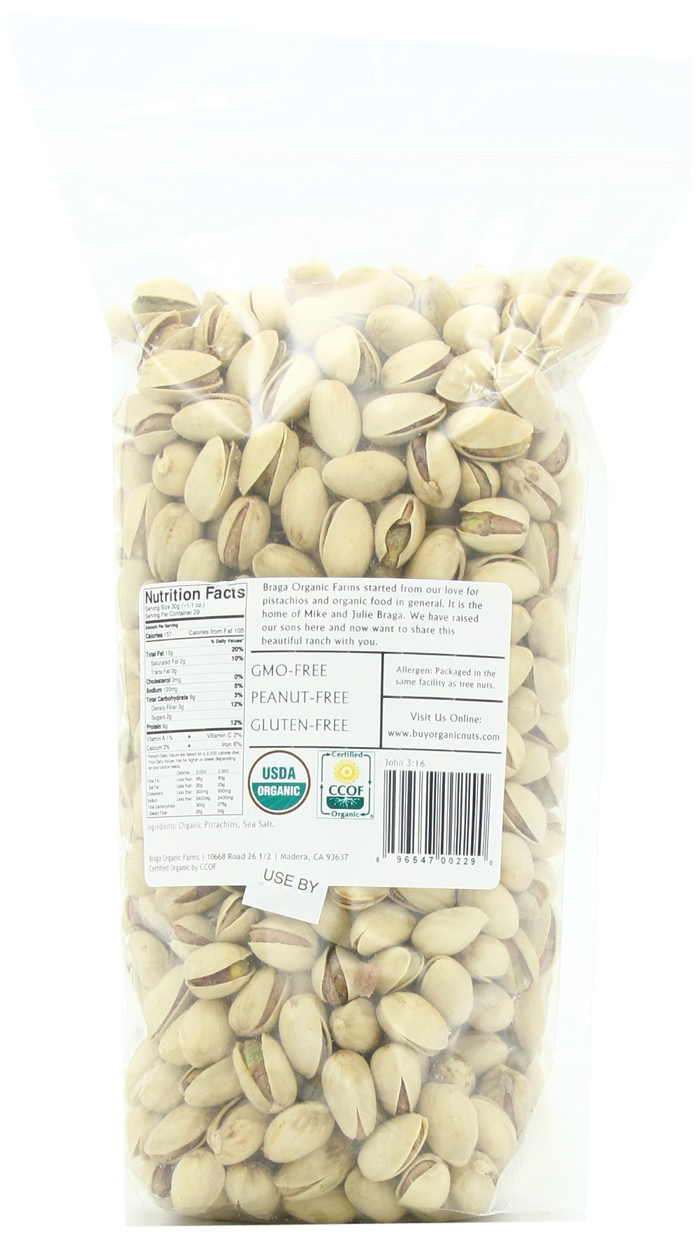 Braga Organic Farms 2 Pound Bag of Roasted/Salted Pistachios Inshell