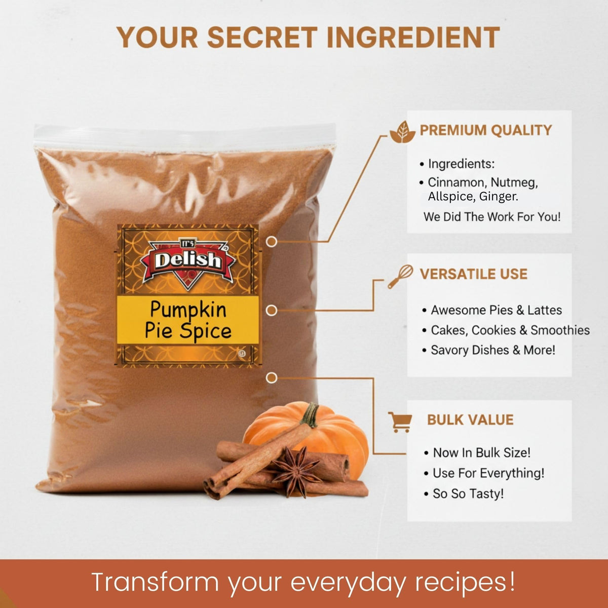 Gourmet Pumpkin Pie Spice Powder by It's Delish, 1 Lb Bulk Bag | Awesome Pumkin and Apple Pies Seasoning | Coffee Latte Tea Holiday Baking | Blend
