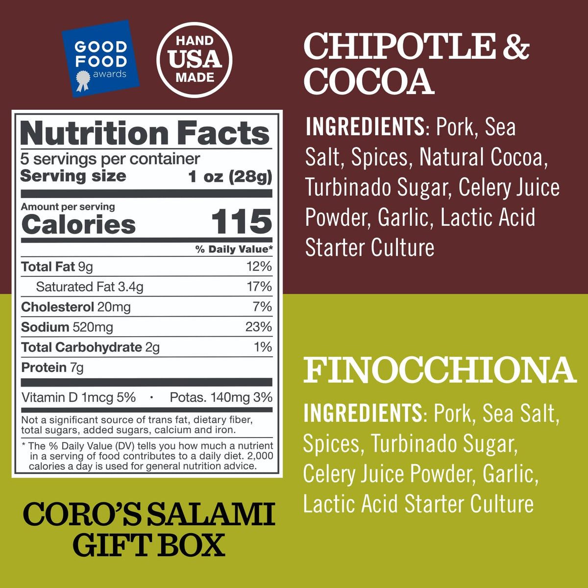 Coro Uncured Salami Gift Box - 4 Italian-Style Charcuterie Meat Sticks, 5oz