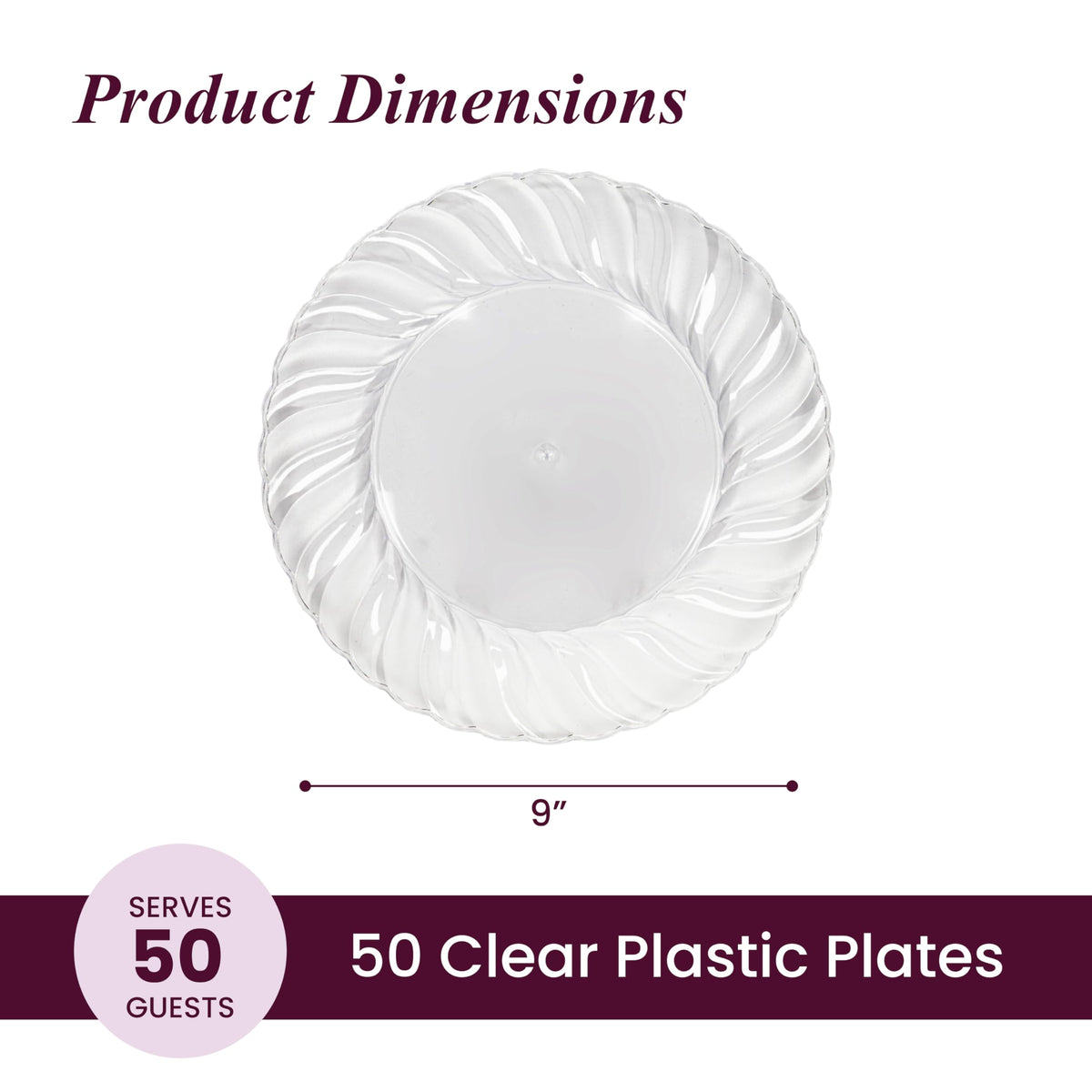 Aya's Cutlery Kingdom 50 Pack Clear Plastic Plates 9 Inch - Heavy Duty, Round, Disposable Plates for Parties, Weddings, and Events - Elegant Party