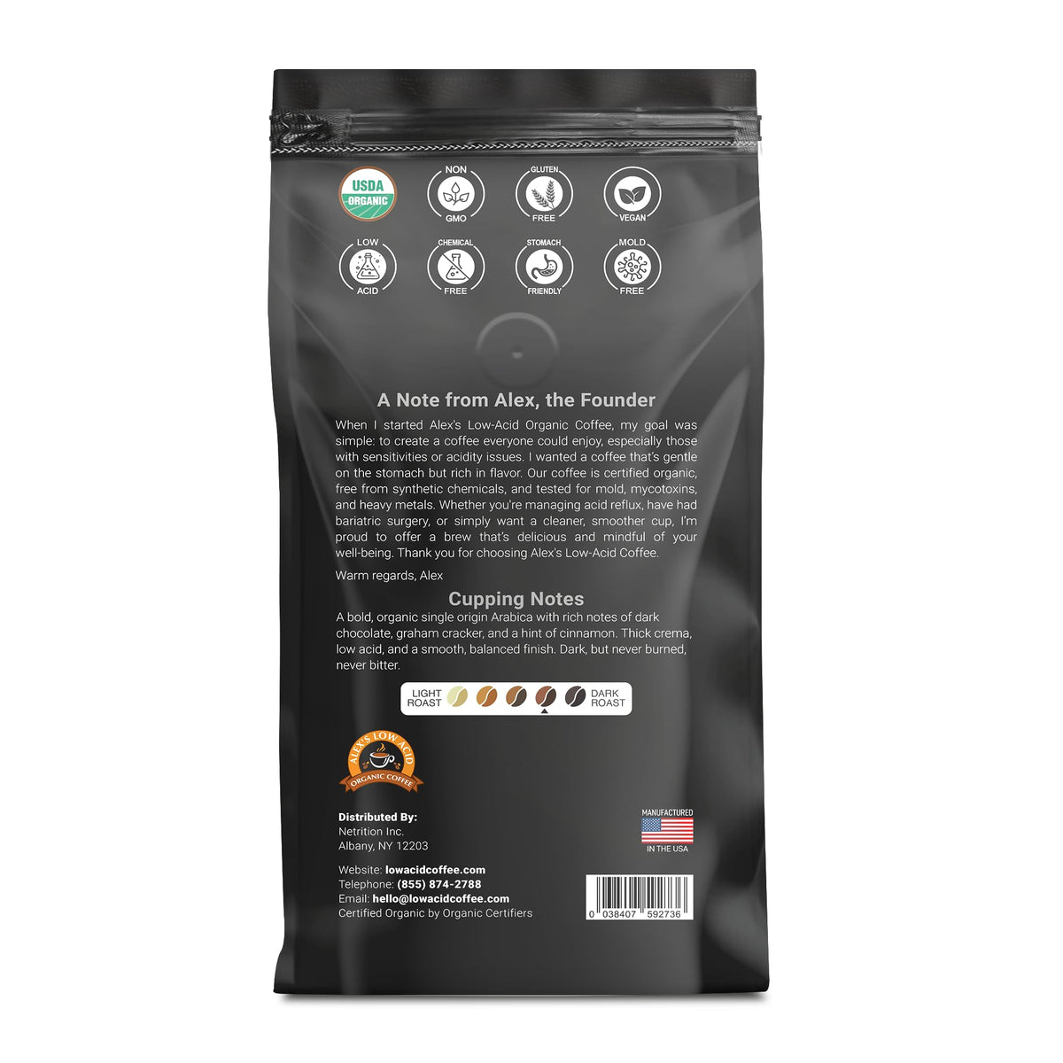 Alex's Low Acid Organic Coffee 12oz Bag - Whole Bean Espresso, Medium Dark Roast (Pack of 6)