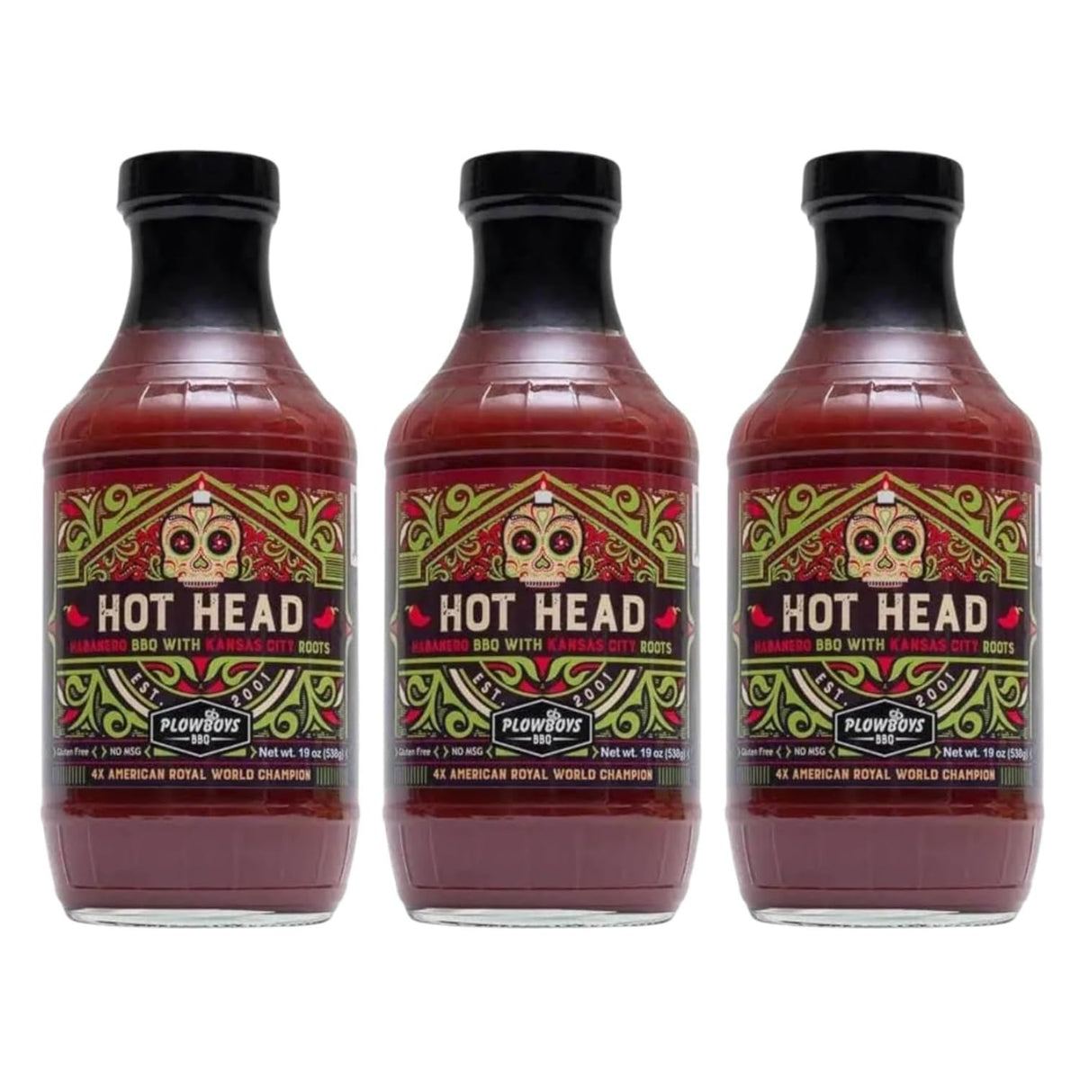 Plowboys Hot Head BBQ Sauce - Habanero Barbecue Sauce with Kansas City Style - Spicy Competition Sauce for Chicken, Ribs, Pork & Beef (Hot Head, Pack