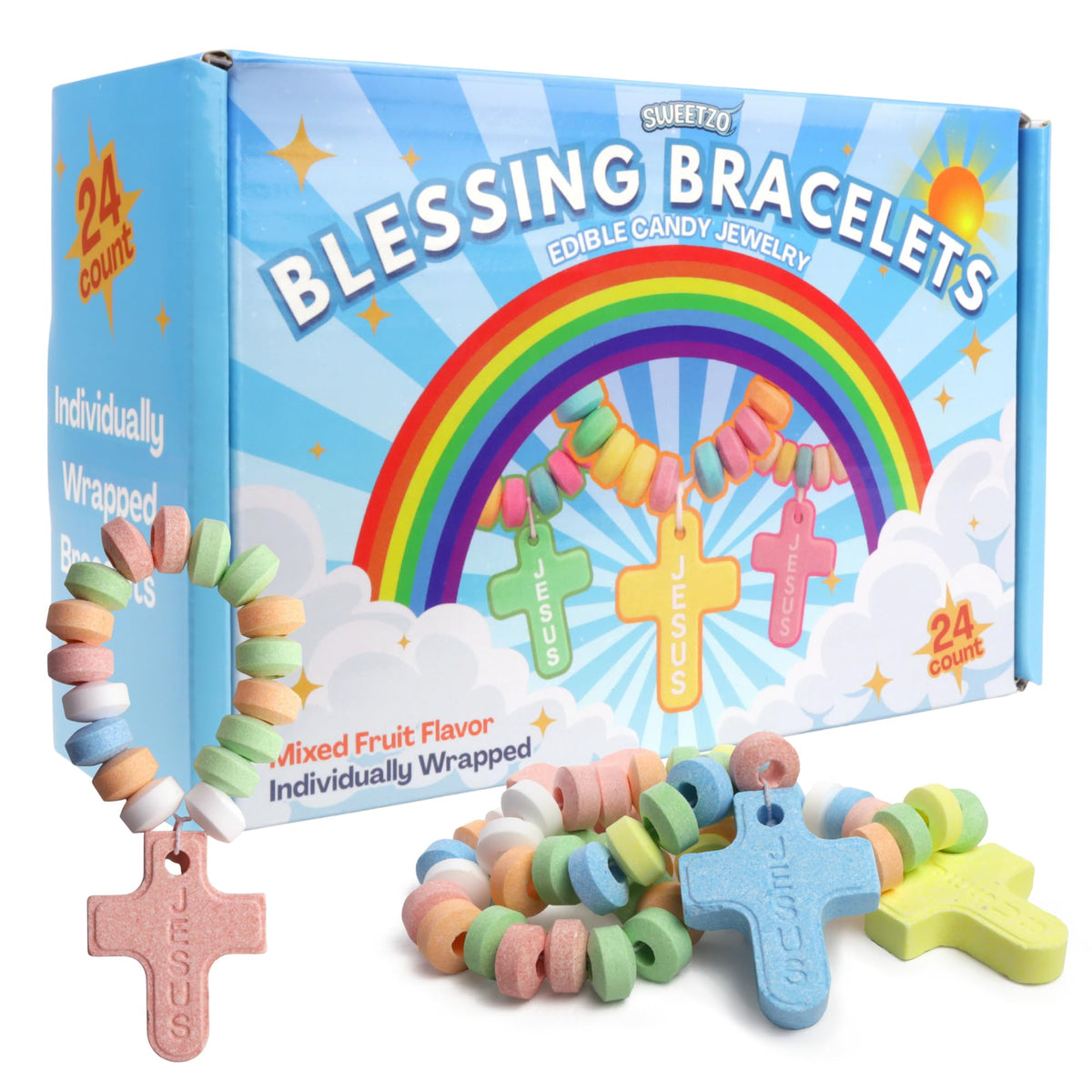 Cross Shaped Candy Bracelets, Individually Wrapped Edible Jewelry Treats, VBS or Sunday School Snacks, 24 Count, 10.16 Ounces