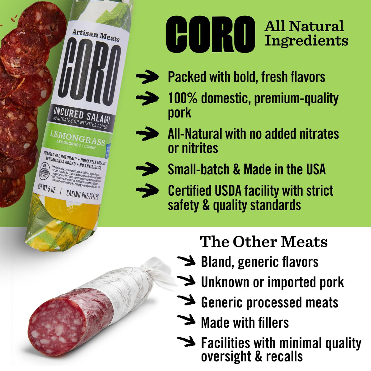 Coro Uncured Lemongrass Salami Stick - 5oz | Lemongrass & Warm Cumin
