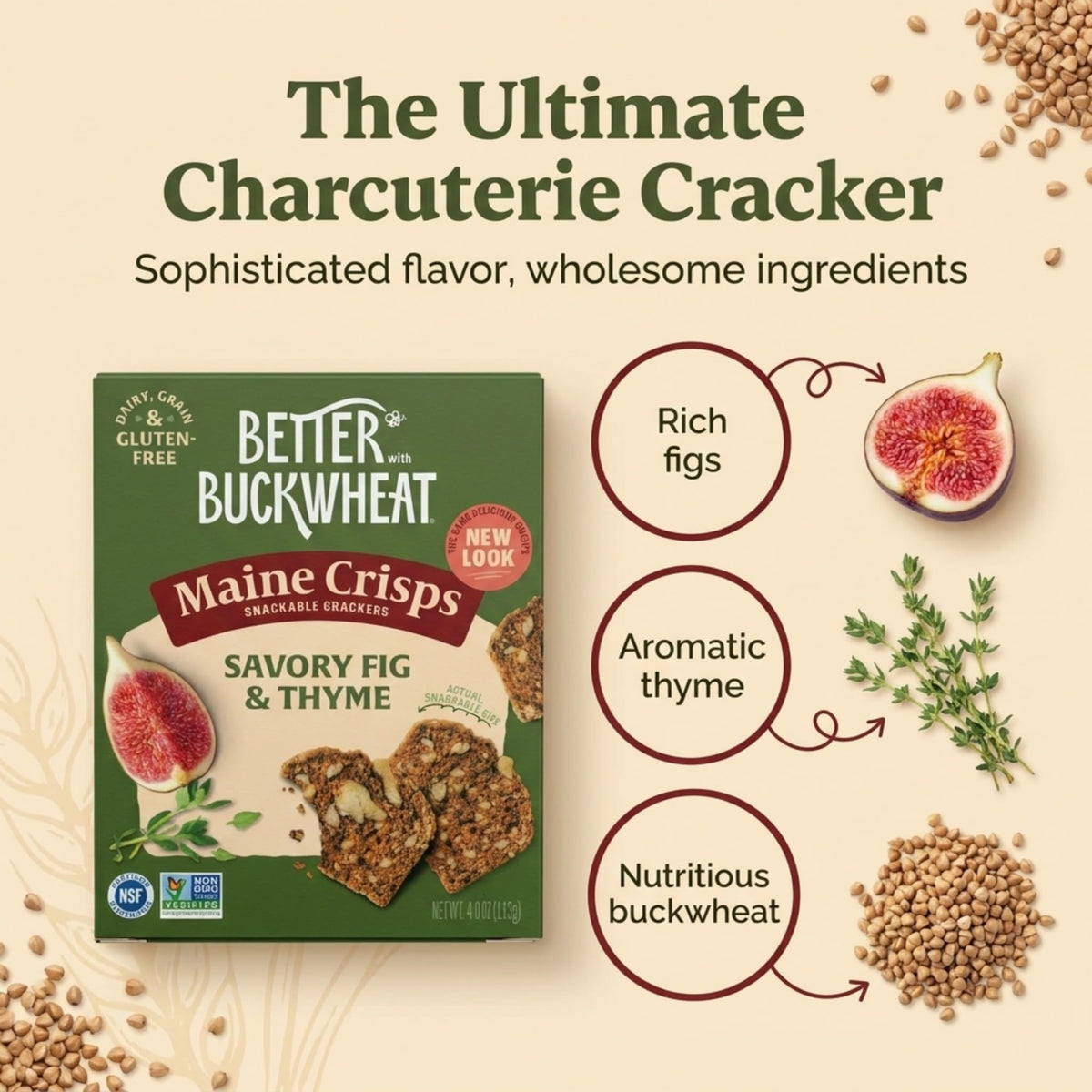 Maine Crisp Savory Fig & Thyme Crisps - Vegan Gluten Free Crackers - Snack Crackers, Grain Free, Dairy Free, Non-GMO - Sweet & Savory Flavor - 4oz