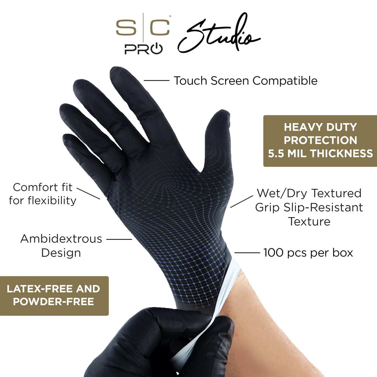 StyleCraft Studio Professional Nitrile Gloves - Latex & Powder-Free, 5.5 Mil Thickness, Heavy-Duty, Textured Grip, 100 Count (Medium)