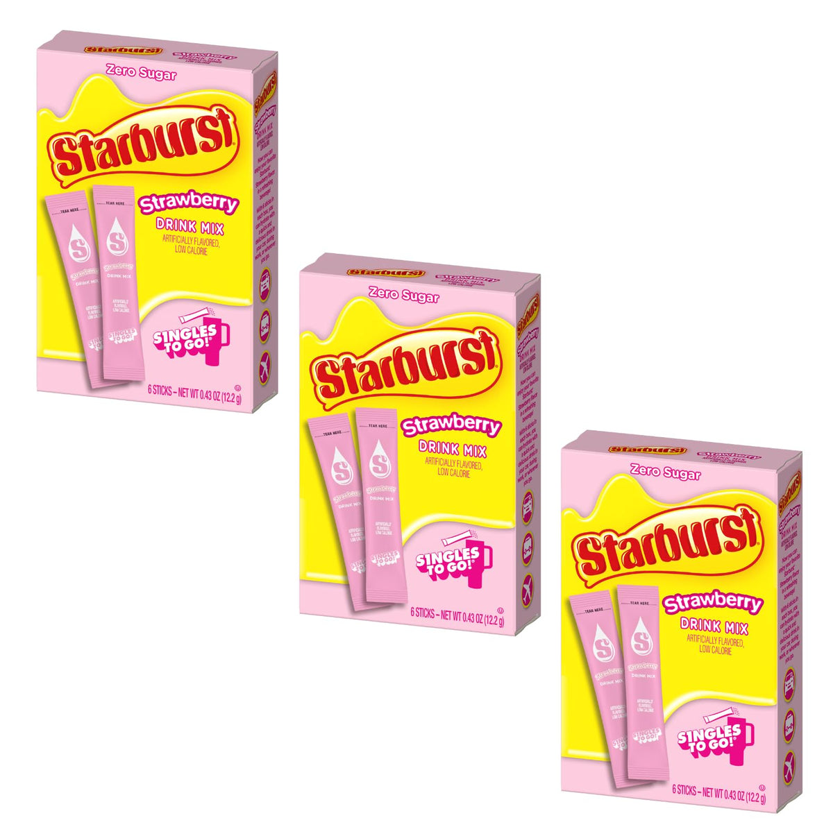 Starburst Singles To Go Powdered Drink Mix, All Pink Strawberry, 3 Boxes with 6 Packets Each - 18 Total Servings, Sugar-Free Drink Powder, Just Add