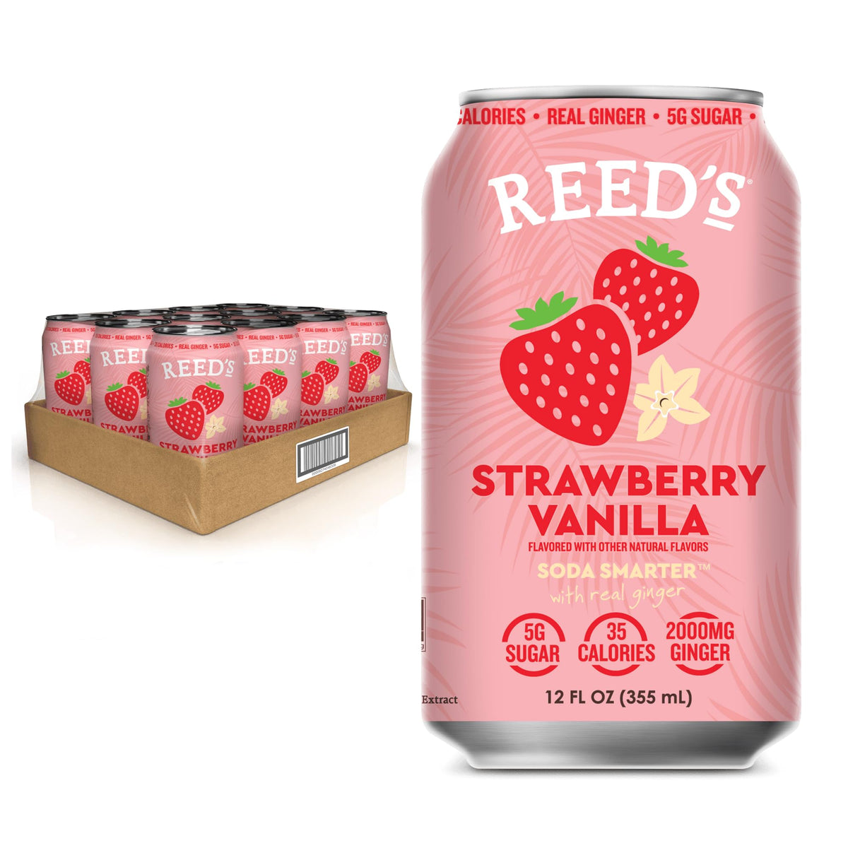 Reed's Strawberry Vanilla Functional Soda - Organic Ginger, Adaptogen Mushroom Blend, Prebiotics - 12oz Cans, 12-Pack