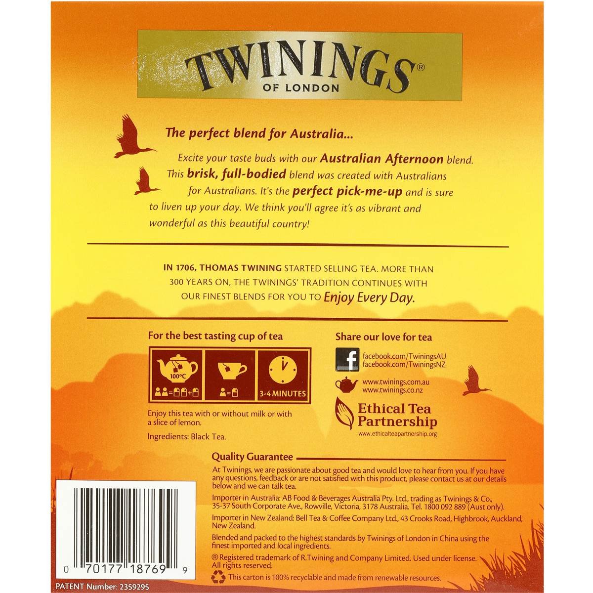 Twinings of London Australian Afternoon Tea - 100 Tea Bags - Full Bodied Black Tea Designed for Australia