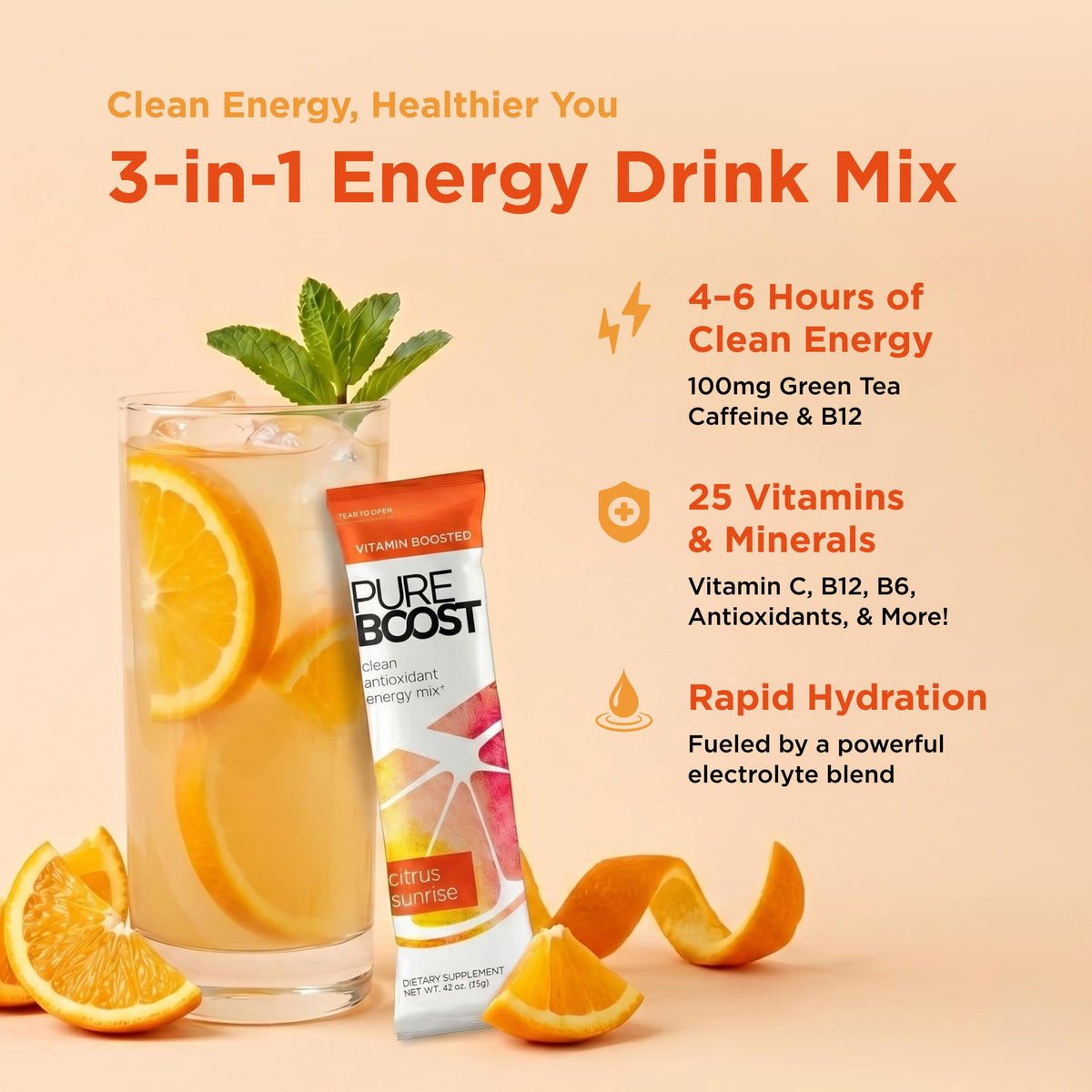 Pureboost Sugar-Free Clean Energy Booster Drink Mix, Citrus Sunrise 30ct