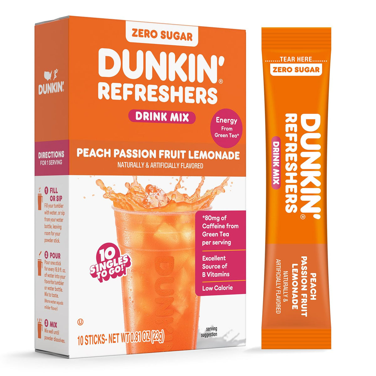Singles To Go! Dunkin' Refreshers, Peach Passionfruit Lemonade, 10 Count
