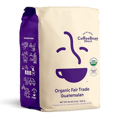 Coffee Bean Direct Organic Fair Trade Guatemalan, Whole Bean Coffee, Arabica Coffee, Light Roast, 5 Pound Bag (Pack of 1)
