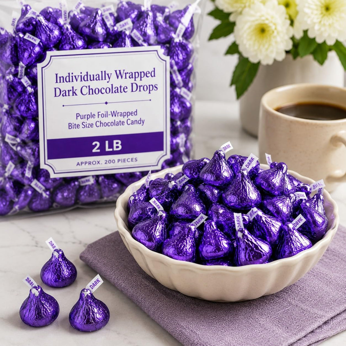 Dark Chocolate Drops, Purple Foil-Wrapped, 2 lb Bulk Bag