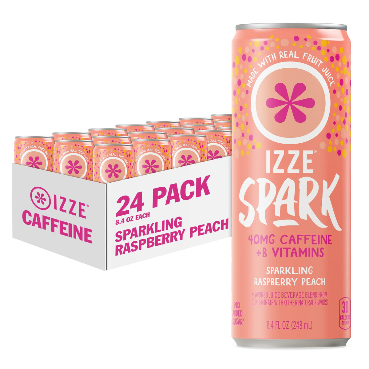 IZZE Spark Raspberry Peach with Caffeine, 24-pack, 8.4 fl oz cans