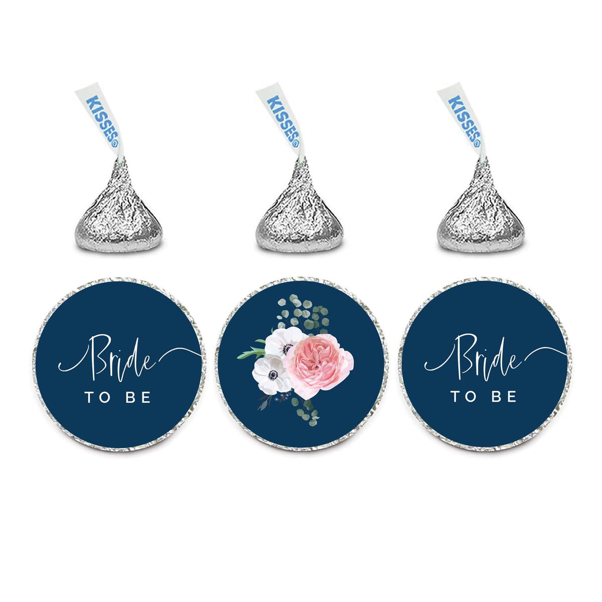 Andaz Press Winter Navy Blue with Eucalyptus Blossoms Wedding Party Collection, Chocolate Drop Label Stickers Trio, Bride to Be, Floral Graphic
